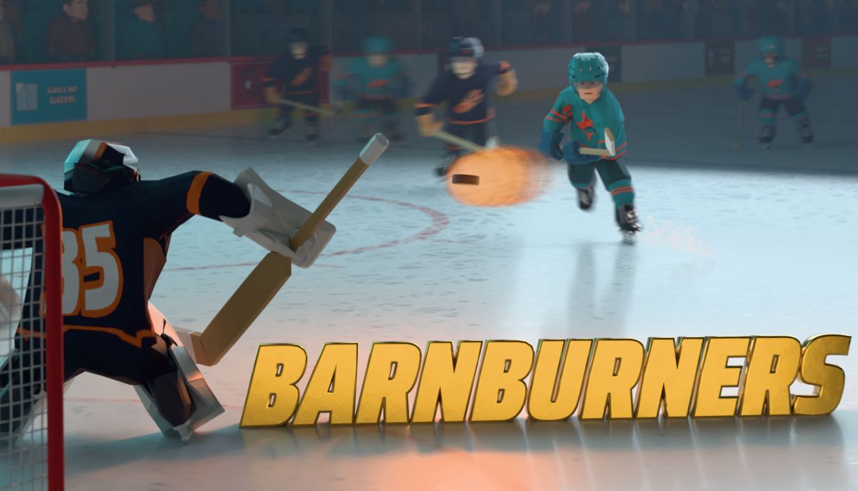 Barnburners Steam cover: a skater shoots a flaming puck toward the goalie